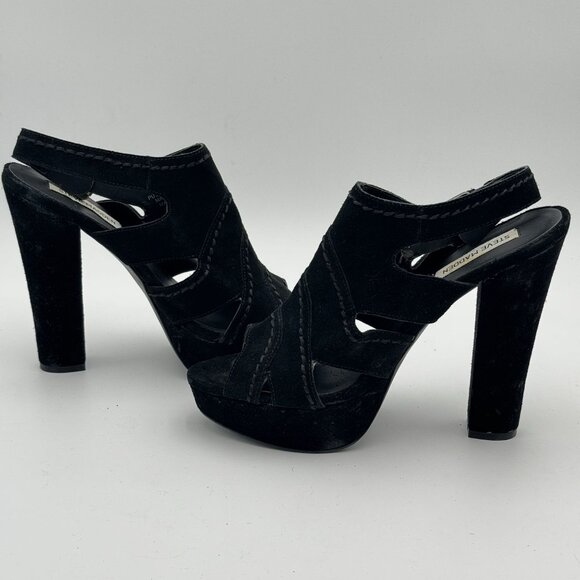 Steve Madden Suede Leather Cutout Platform Heels Black Peep Toe Chunky Slingback - Picture 12 of 12